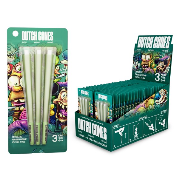 Dutch Cones | 3x Green Hemp Kingsize Pre-Rolled Cones (32 packs / Display)