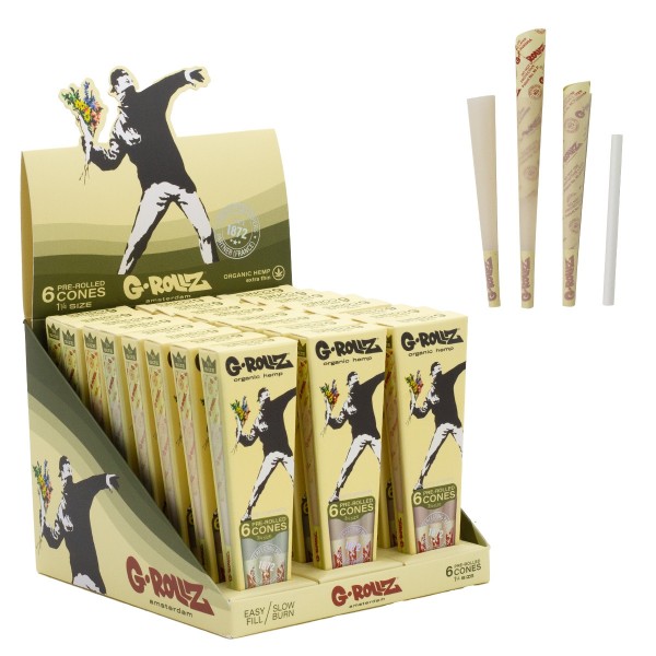 G-Rollz | Banksy&#039;s Graffiti &quot;Flower Thrower&quot; Organic Hemp - 6 &#039;1¼&#039; Cones (24 Packs Display)