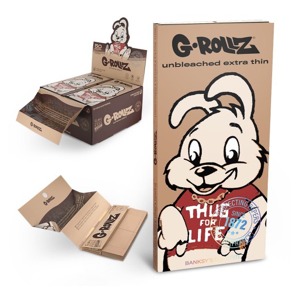 G-Rollz | Banksy&#039;s Graffiti &#039;Thug For Life&#039; Unbleached - 50 KS Papers + Tips &amp; Tray (16/Display)