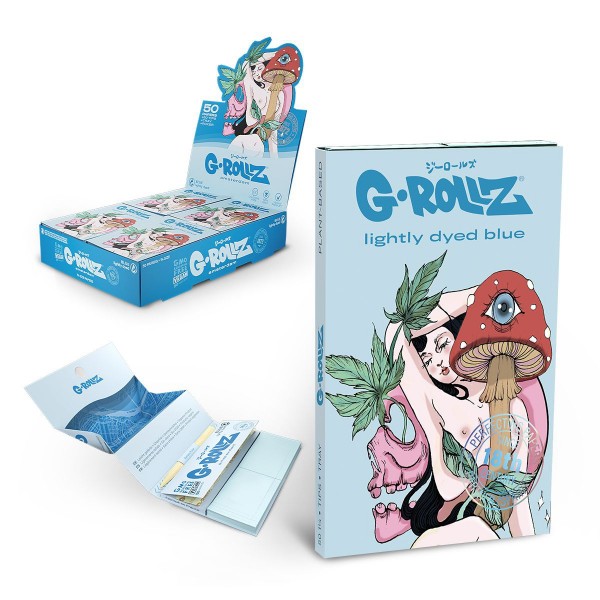 G-Rollz | Collector &#039;Mushroom Lover&#039; Lightly Dyed Blue - 1 1/4 Size Papers + Tips (16/Display)