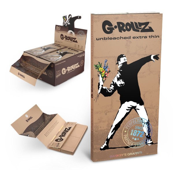 G-Rollz | Banksy&#039;s Graffiti &#039;Flower Thrower&#039; Unbleached - 50 KS Papers + Tips &amp; Tray (16/Display)