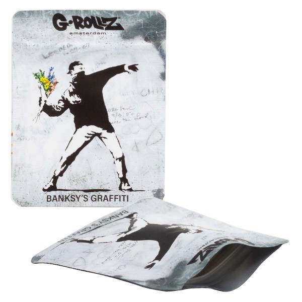 G-Rollz | 65x85mm Smellproof Bags | Banksy&#039;s Graffiti &#039;Flower Thrower&#039; - 50pcs/ pack