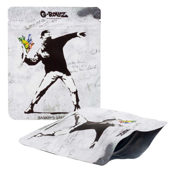 G-Rollz | 100x125mm Smellproof Bags | Banksy&#039;s Graffiti &#039;Flower Thrower&#039; 100x125 mm smellproof bag -