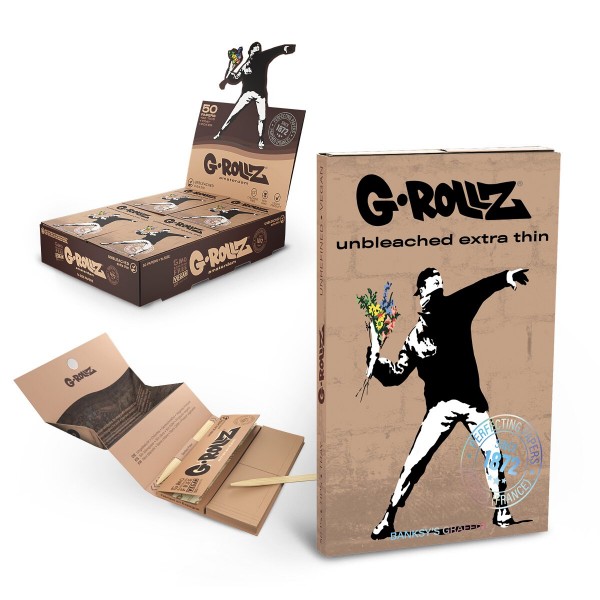 G-Rollz | Banksy&#039;s Graffiti &#039;Flower Thrower&#039; Unbleached - 1 1/4 Size Papers + Tips &amp; Tray (16/Dis)